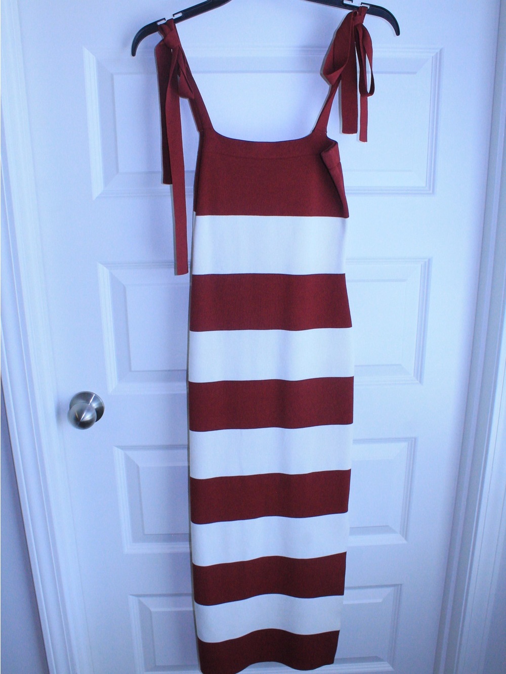 Tie-Shoulder Striped Maxi Dress in Rust and White
